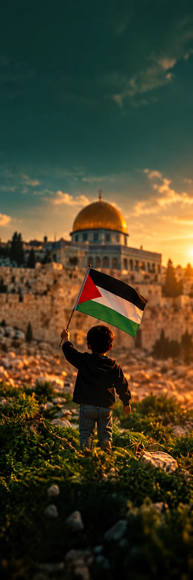 Anak mengibarkan bendera Palestina di depan Masjid Al-Aqsa
